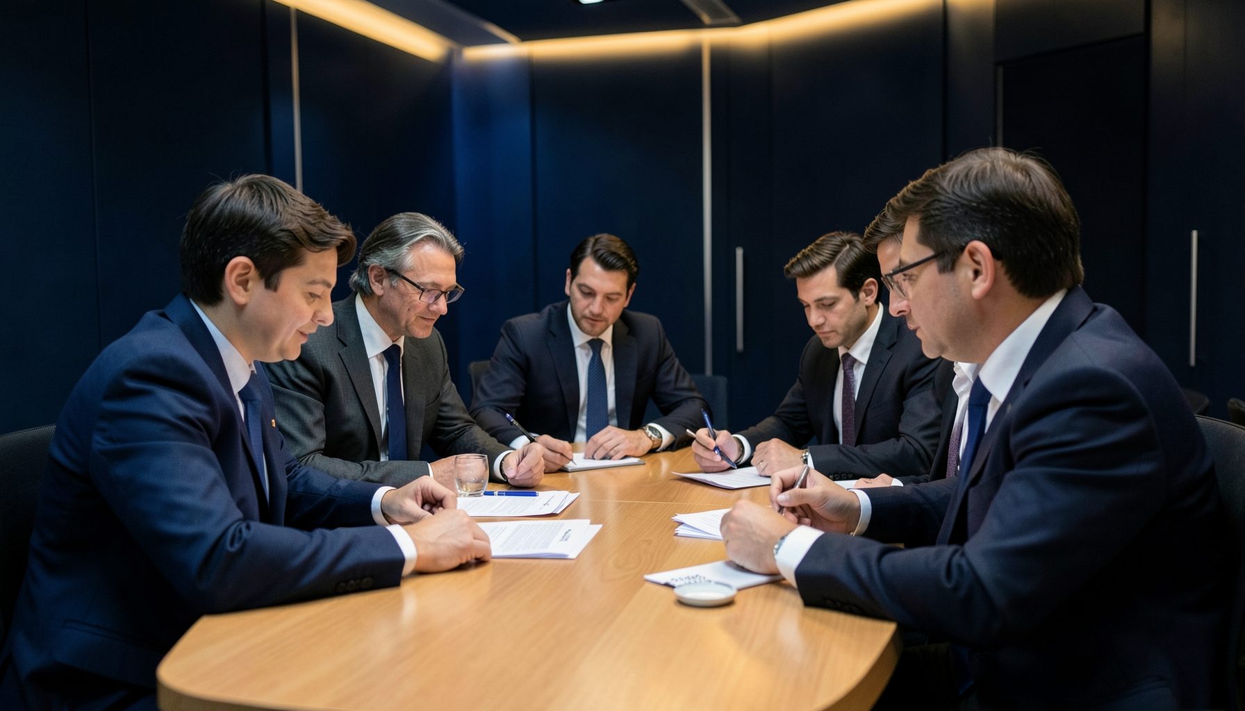 A group of professionals in business attire reviewing documents together at a conference table, set in a navy-toned meeting room, conveying institutional trade cooperation