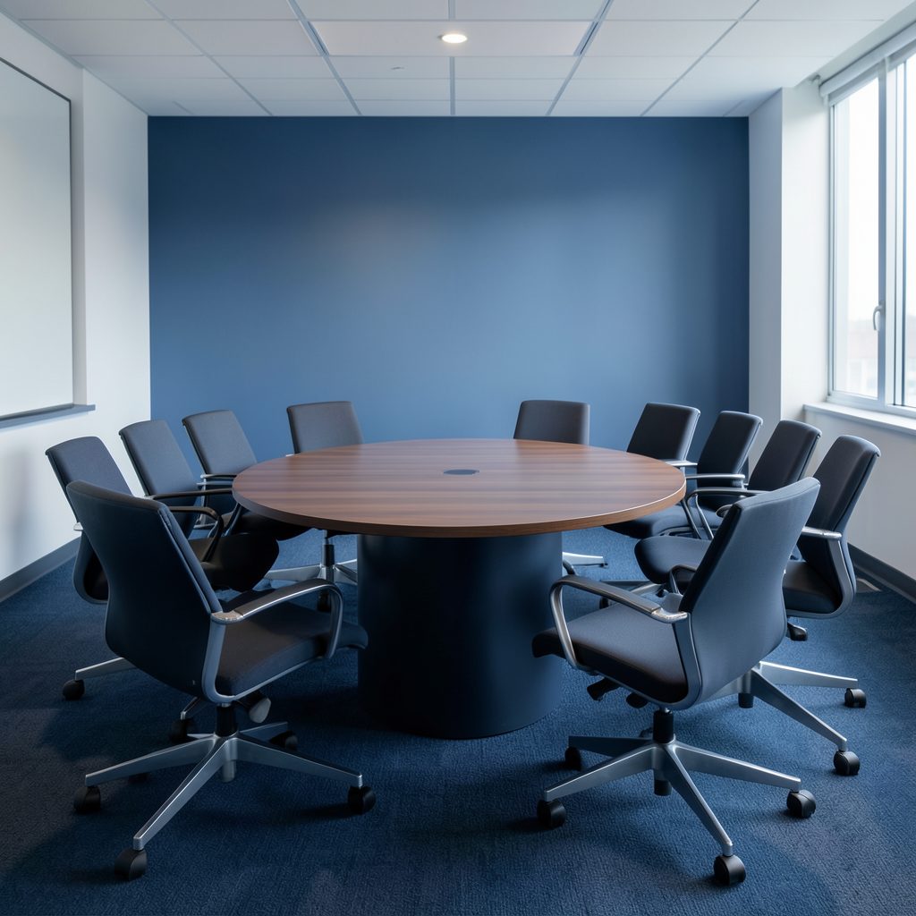 A meeting room with empty chairs arranged around a round table, lit softly in navy and sky blue tones, calm and institutional