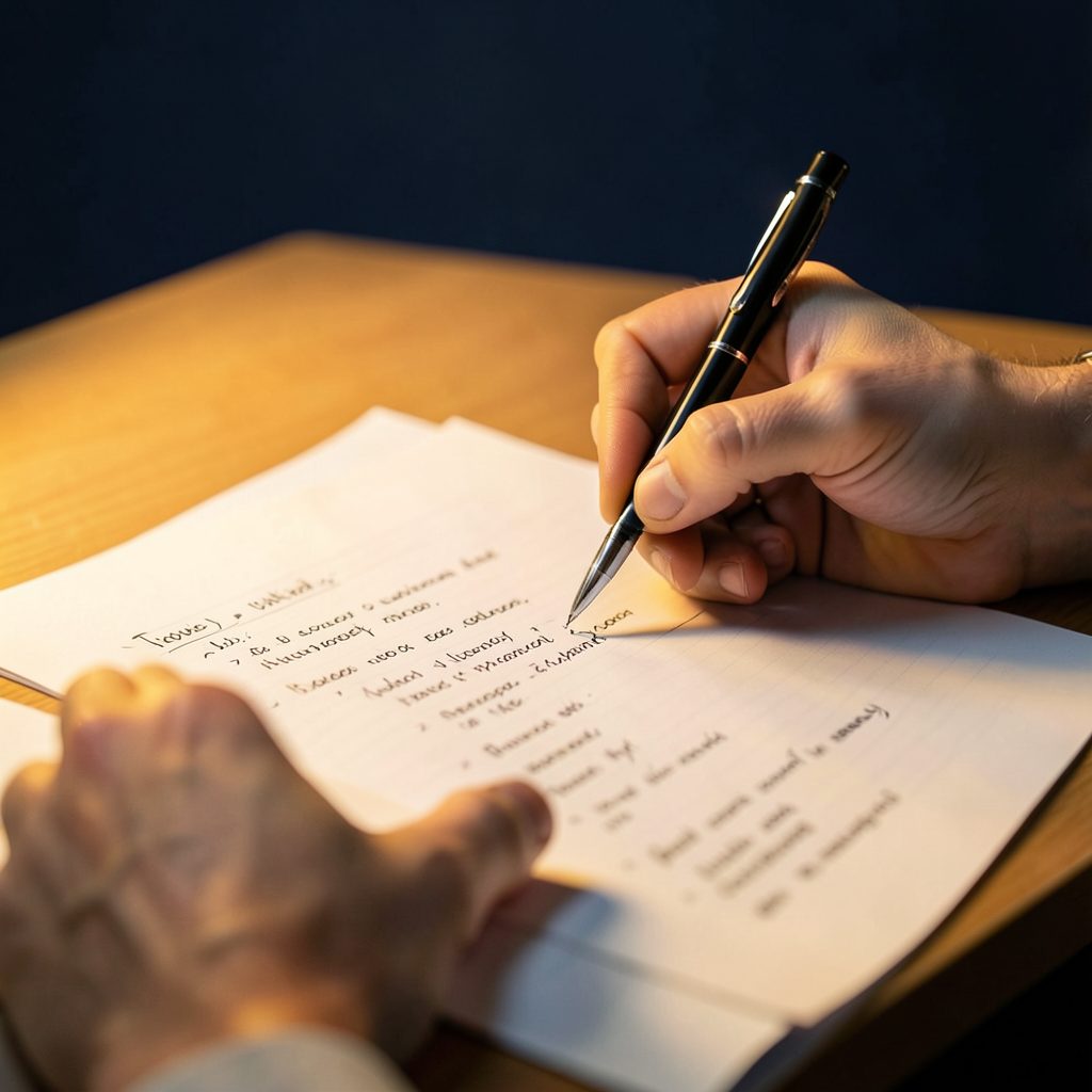Close-up of hands writing notes on a printed document at a desk, framed in warm golden light against a navy backdrop, focused and professional