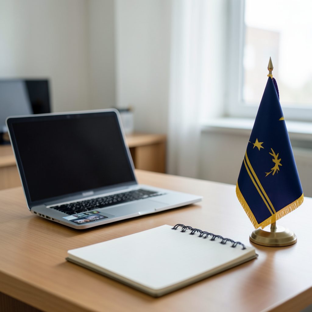 Portrait-style photo of an office workspace desk with a laptop, notebook, and a small national flag in navy blue and gold tones