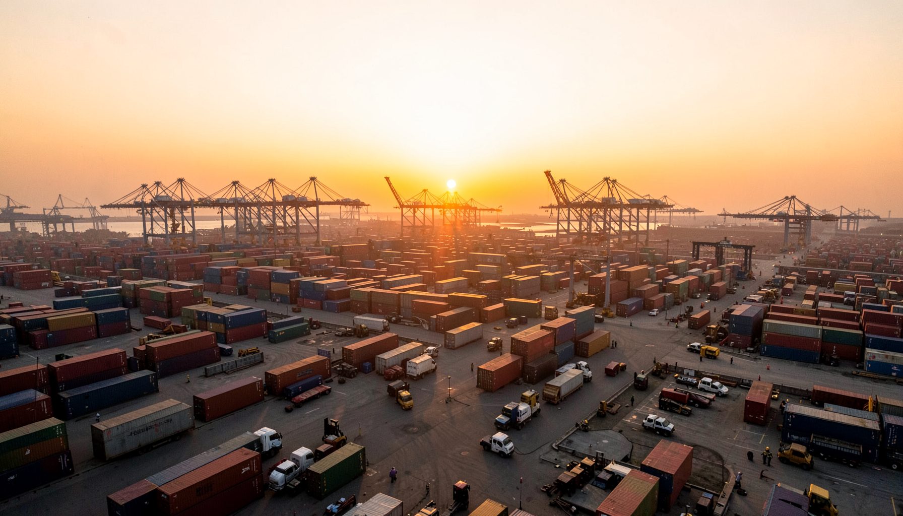 Wide aerial view of a busy African cargo port at golden hour, with shipping containers and cranes silhouetted against a warm sky